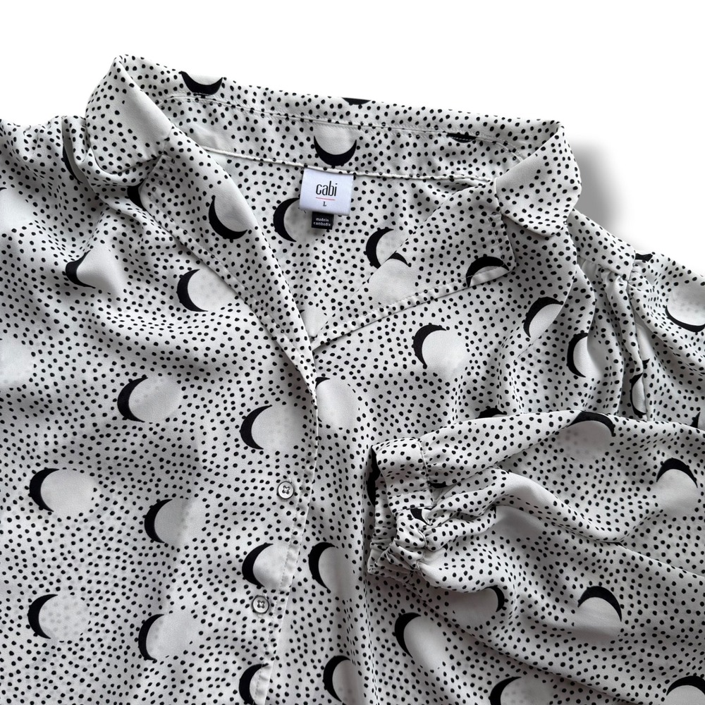 Cabi Women L Black White Crescent Moon & Dot Pattern Long Sl Eclipse Blouse 4340